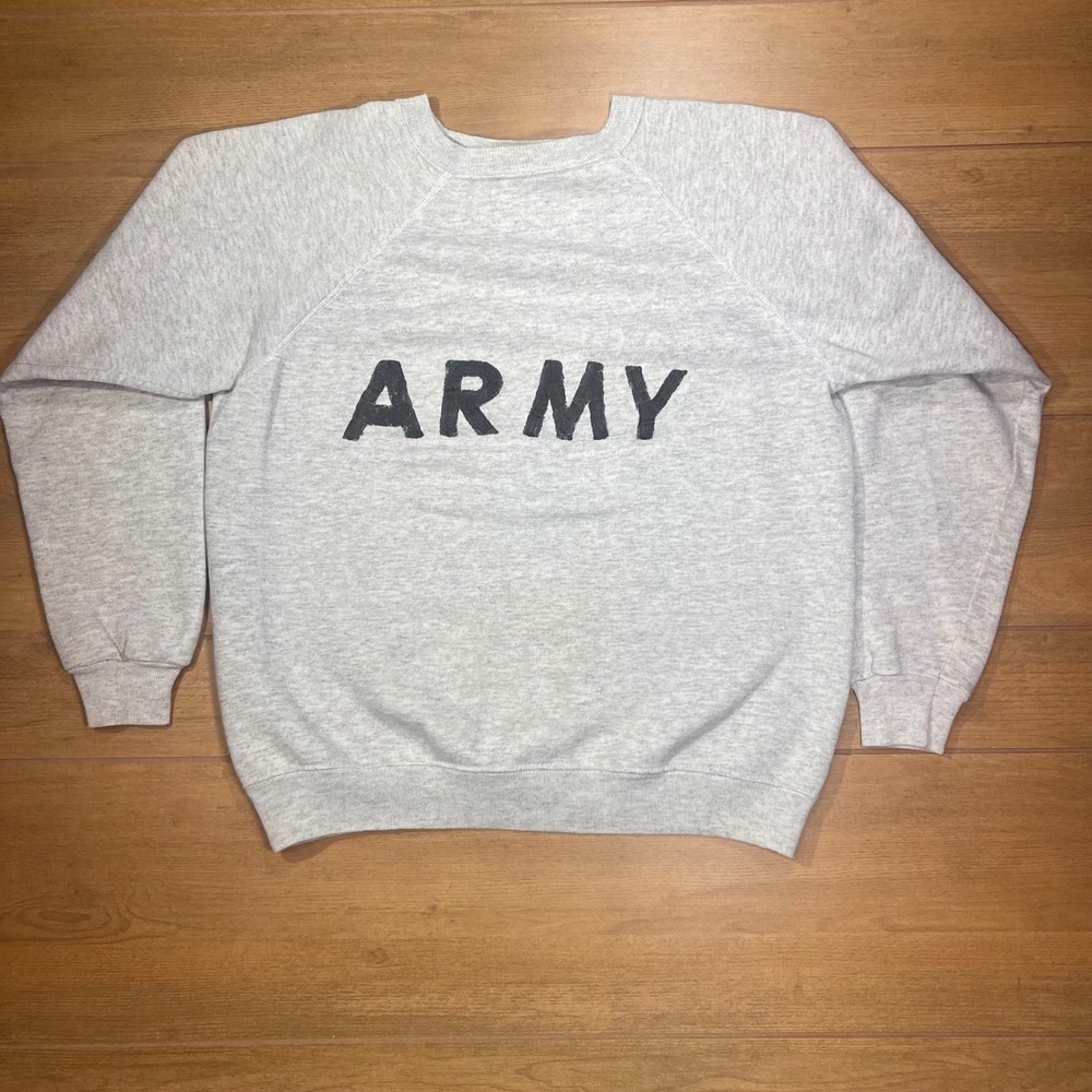 Vintage Army Sweatshirt Gray Crewneck Raglan Sleeve Graphic Print XL Haines‎ tag